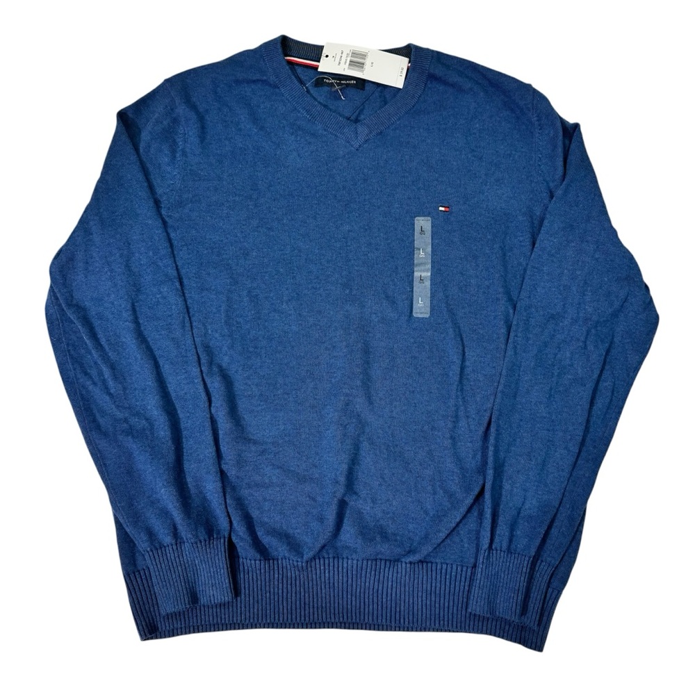Tommy Hilfiger Signature Solid V-Neck Cotton Sweater Blue Men's L NWT $59
